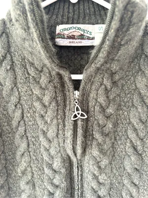 Aran Crafts Army Green Ireland 100% Irish Merino Wool Front Zip Chunky Sweater thumbnail 2