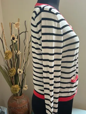 Morgan de toi France Striped Black and White Sweater Cardigan with Red Trim thumbnail 2