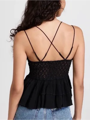 Free People Adela Black Lace Ruffle Camisole with Crisscross Straps thumbnail 2
