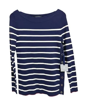 Nautical Preppy Tommy‎ Hilfiger Striped Boatneck Button Side Navy White Top S thumbnail 1