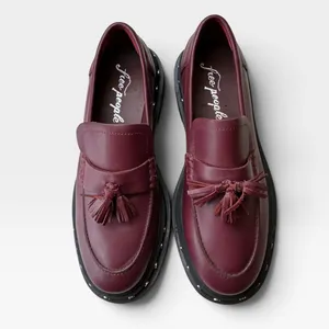 Free People Women Burgundy Leather Studded Tassel Platform Lug Sole Loafers 10 thumbnail 3