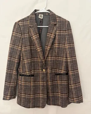 Anne Klein Women Plaid Single Button Knit Blazer Faux Leather Trim Size M(A899) thumbnail 1