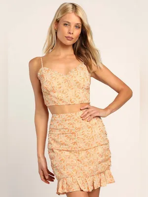 NWT Lulus Ruche Toward Spring V-Neck Cropped Cami Tank - Orange/Floral - M thumbnail 4