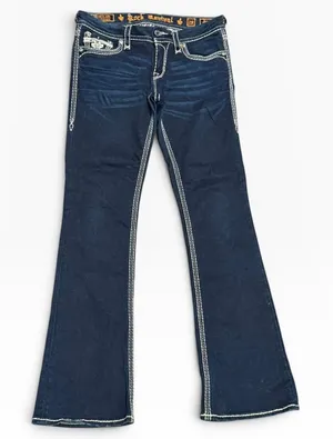 Rock Revival Janelle Bootcut‎ Jeans Dark Wash Low Rise Flap Pockets Bling SZ 28 thumbnail 1