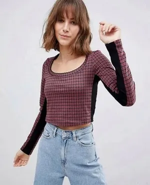 ✨Free People Boston Square Neck Sz Medium Tee Red Plaid Long Sleeve✨ thumbnail 1