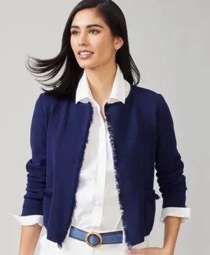 J. McLaughlin Marie Navy Blue Fringe Open Front Cardigan Sweater Pockets XL thumbnail 1