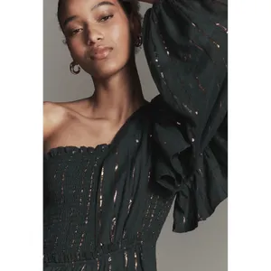 Farm Rio Anthropologie Green Metallic Striped One Shoulder Wide Leg Jumpsuit NEW thumbnail 10