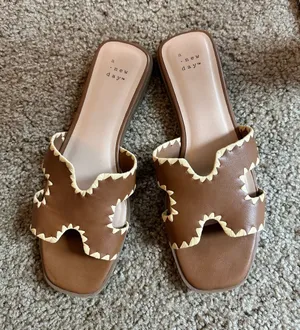 a new day Brown Leather Slip-On Mules with Cream Scalloped Trim thumbnail 1