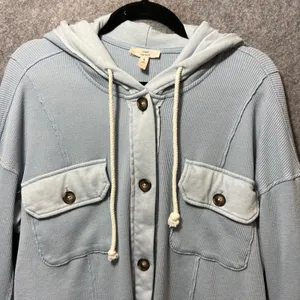 COMO VINTAGE Light Blue Waffle Knit Hooded‎ Button Front Shacket Size L thumbnail 4