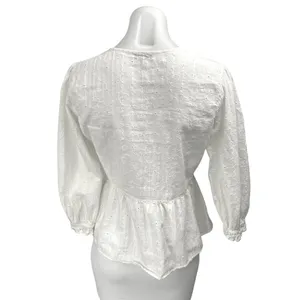 Madewell White Floral Embroidered Eyelet Balloon Puff Sleeve Peplum Blouse Top M thumbnail 2