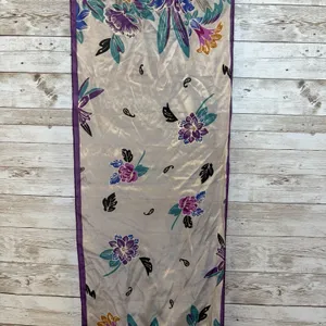 Vintage 80s Oscar de la Renta Silk Scarf Fringe Floral Purple & Teal Japan 52x11 thumbnail 3