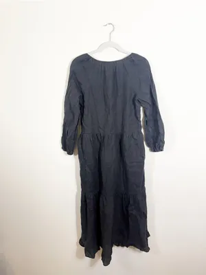 J. Crew Long-Sleeve Tiered Midi Dress 100% Linen Black Small/Medium thumbnail 3