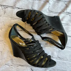 Lauren Black Suede Strappy Wedge Heels Sandals 7 thumbnail 1