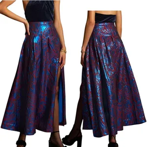 Anthropologie Maeve Pleated Shimmer Maxi Skirt Side Slit Blue Motif Size 4 $160 thumbnail 2