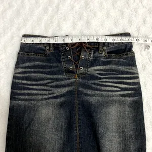 Vintage Y2K Street Code Blue Dark Wash Denim Lace Up Boho Midi Skirt 3/4 thumbnail 5