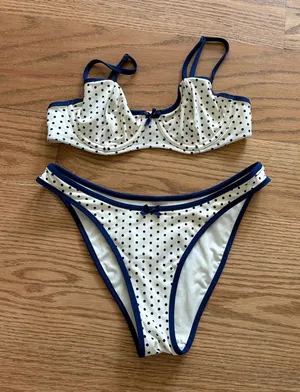 Frankie's Bikinis Polka Dot Two-Piece Bikini Set in Cream and Navy thumbnail 1