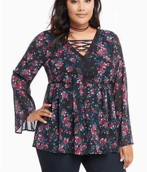 Torrid Black Pink Floral Chiffon Lattice Bell Sleeve Blouse, 1 14/16 thumbnail 1
