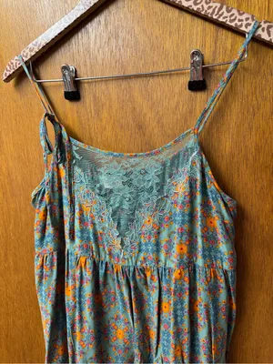 Natural Life Sleeveless Lace Inset Tiered Mini Dress Floral Teal Orange Medium thumbnail 8