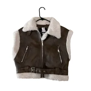 ANWND Brown Faux Shearling Moto Vest Belted Zip Sherpa Lined Women’s Size S NWT thumbnail 6