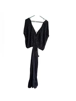 Black Maxi Dress with Gold Metallic Stripe and Side Slit thumbnail 9