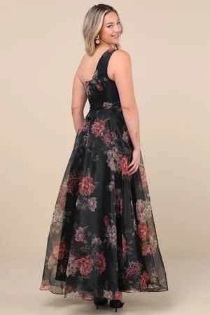 New Lulus Black Floral Organza One-Shoulder Maxi Dress Size XL MSRP $138 thumbnail 10