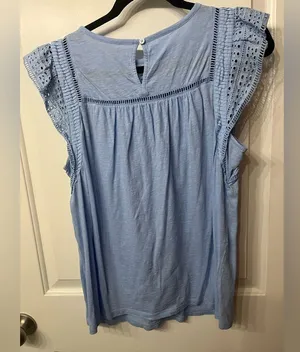 Loft Smocked Blue Blouse with Eyelet Lace Flutter Sleeves Sz L EUC Lt Blue thumbnail 3