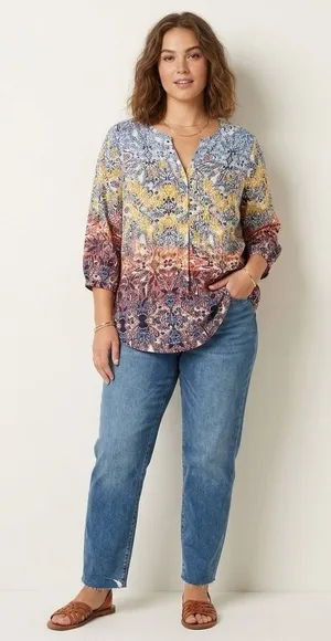 New Christopher & Banks Women Size Medium Blouse Large Medallion Paisley Pintuck thumbnail 1