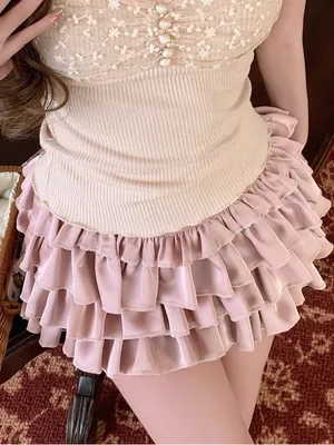 Japanese Kawaii Y2K Cottagecore Silky Dusty Pink Layered Ruffle Mini Skirt Skort thumbnail 5