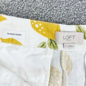 Loft Tie Waist Linen Blend Lemons Print Chino Shorts Ivory Yellow 6 Cuffed‎ thumbnail 6