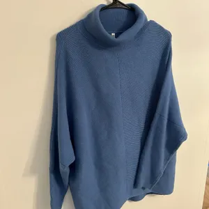 Women's Blue Ribbed Knit Poncho Sweater Cowl Neck Oversized Dolman Sleeve XS‎ thumbnail 2