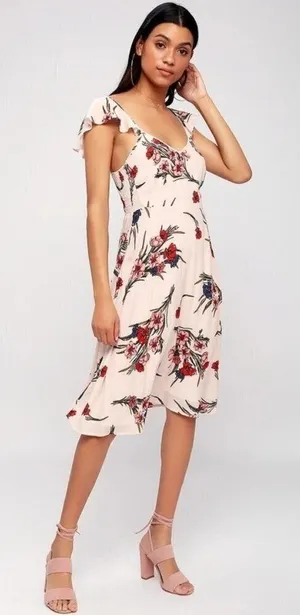 Lulus Floral Flutter Sleeve‎ Midi Dress Women XL Pink Flowy Romantic Boho thumbnail 1