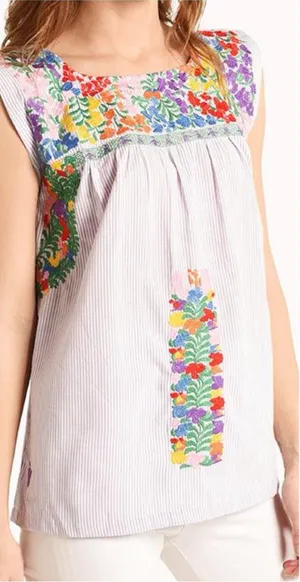 J Marie Floral Embroidered purple and white seersucker sleeveless top size small thumbnail 1