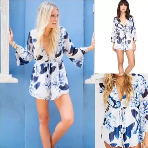 Show Me Your Mumu Roxy Flowy Sleeve Blue Floral Romper Deep V Cover Up Medium thumbnail 2