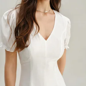 Rihoas White Puffed Sleeve V Neck Midi Dress thumbnail 2