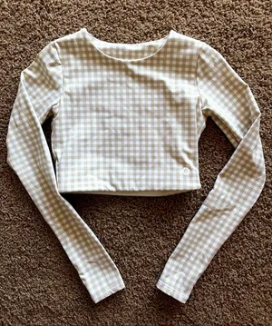 Astoria Activewear Beige Tan Gingham Check Long Sleeve Workout Gym Crop Top S thumbnail 1