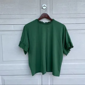 Ann Taylor Womens Shirt Green Knit Blouse Eyelet Lace Trim Short Sleeve Large thumbnail 2