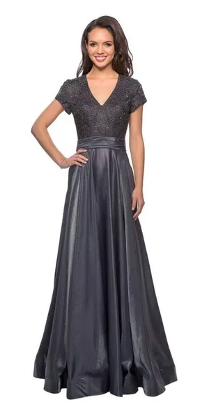La Femme 26447 Two Tone Satin A-Line V-Neck Gown Platinum Silver Gray thumbnail 1