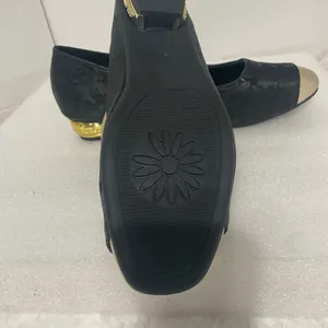 Black Floral Mary Jane Heels with Gold Toe and Pearl-Embellished Strap thumbnail 4