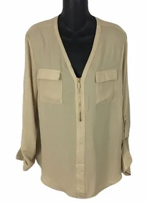Anne Klein champagne roll sleeve zip neck blouse thumbnail 1