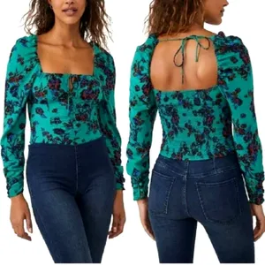 Free People Hilary Floral Printed Low Square Back Top Teal M thumbnail 4