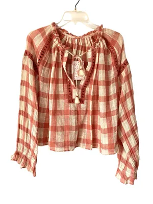 Free People NWTs Honey Grove Plaid Boho Embroidered Blouse size small Rust Cream thumbnail 2