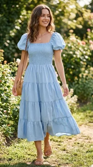 PrettyGarden Light Blue Puff Sleeve Smocked Tiered Dress Small thumbnail 1