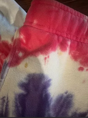 Aritzia TNA cozy AF sweatpants colors: pink, purple, and white tie-dye size: L flaws: a couple small stains pictured (would probably be easy to get out, i haven’t tried) #aritzia #tiedye #loungewear #cozy #trendin thumbnail 6