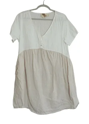 Cynthia Rowley Large Linen Mini Dress White Tan Colorblock V-Neck Short Sleeve thumbnail 1