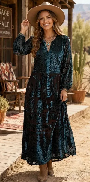 SOFT SURROUNDINGS‎ Floral Velvet Dimora Maxi Dress Teal Brown Burnout X-Large thumbnail 1