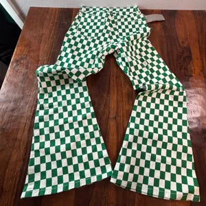 Fashion Green White Checkered Flare Jeans High Waisted Wide Leg Size 2 NEW thumbnail 3
