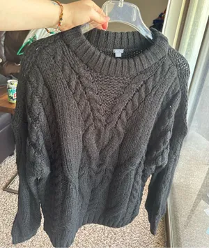 aerie Charcoal Grey or Faded Black Cable Knit Crewneck Sweater thumbnail 1