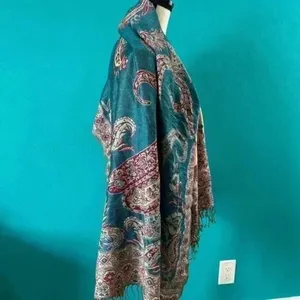 Blue patterned scarf with gold accent threads thumbnail 3