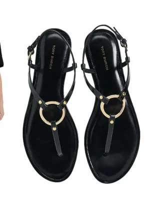 Tory Burch Ring T-Strap Sandal Black/Gold Size 7.5 Like New thumbnail 1