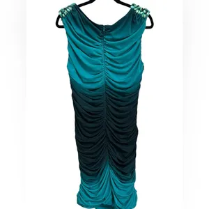 NWT‎ Cocktail Bodycon Embellished Bead Ombre Teal Blue Ruched Zip Mini Dress 12 thumbnail 3